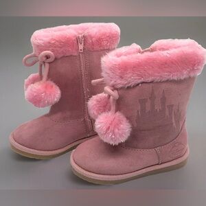 Disney Princess Toddler Pink Faux Fur Pom Pom Boots SZ 6.5 Castle Silhouette